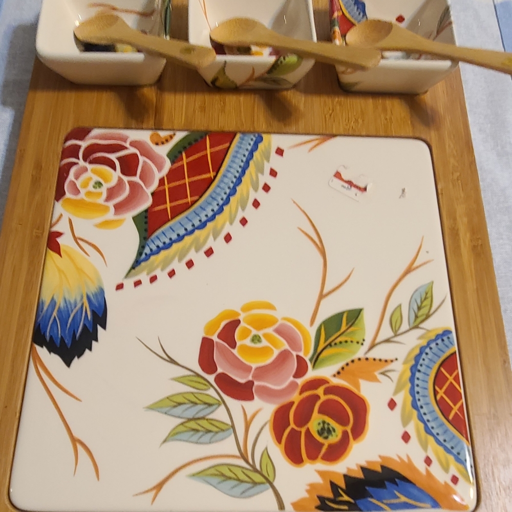 Floral Ceramic Serving Set with Wooden Spoons
